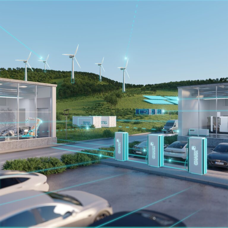 Modern energy grid with wind turbines, intelligently networked charging points and factory buildings - the future of electromobility and industry working together