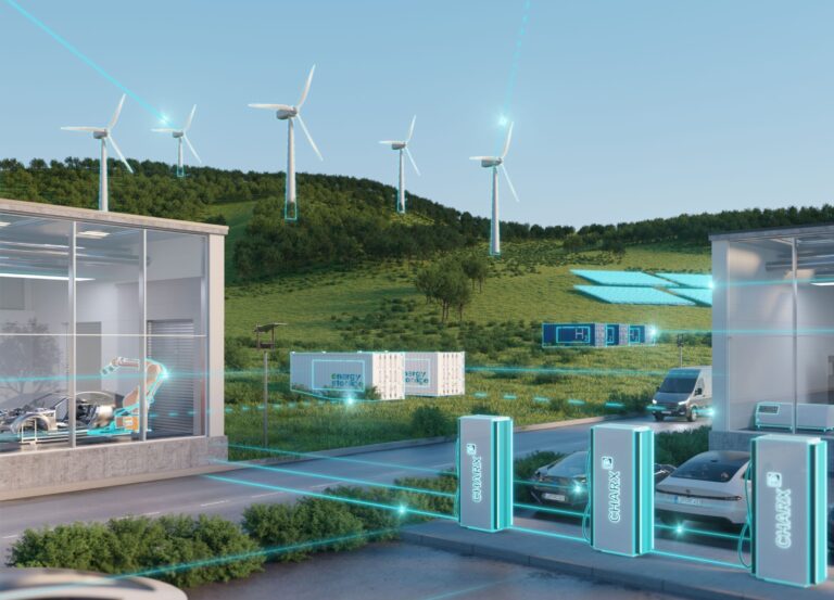 Modernes Energienetz mit Windkraftanlagen, intelligent vernetzten Ladepunkten und Fabrikhallen – Zukunft der Elektromobilität und Industrie im Zusammenspiel