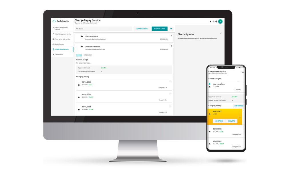 Phoenix Contact E-Mobility Produkte: Der Charge Repay Service auf einem Desktop-PC und einem Smartphone