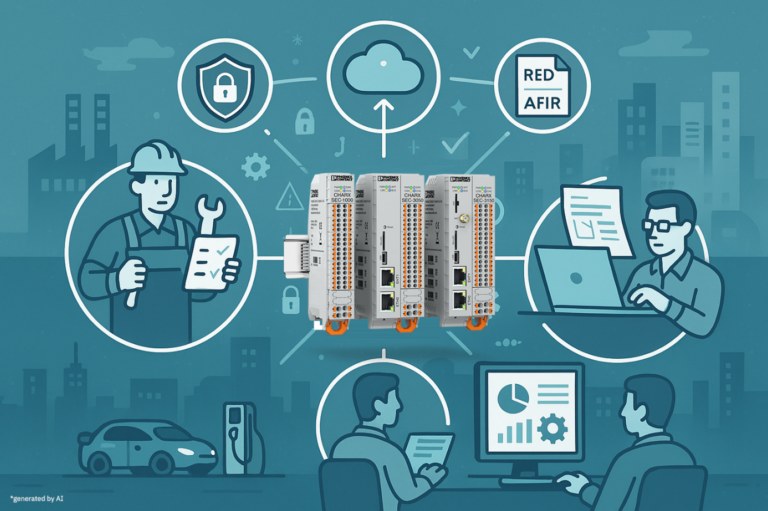 AC charging controller CHARX control moduular surrounded by illustrations of industrial processes and data management: worker with tools and clipboard, cloud symbol, laptop user with diagrams, two people at computers analyzing data. Other symbols show safety, gears and connectivity in front of an industrial cityscape with buildings and cars.